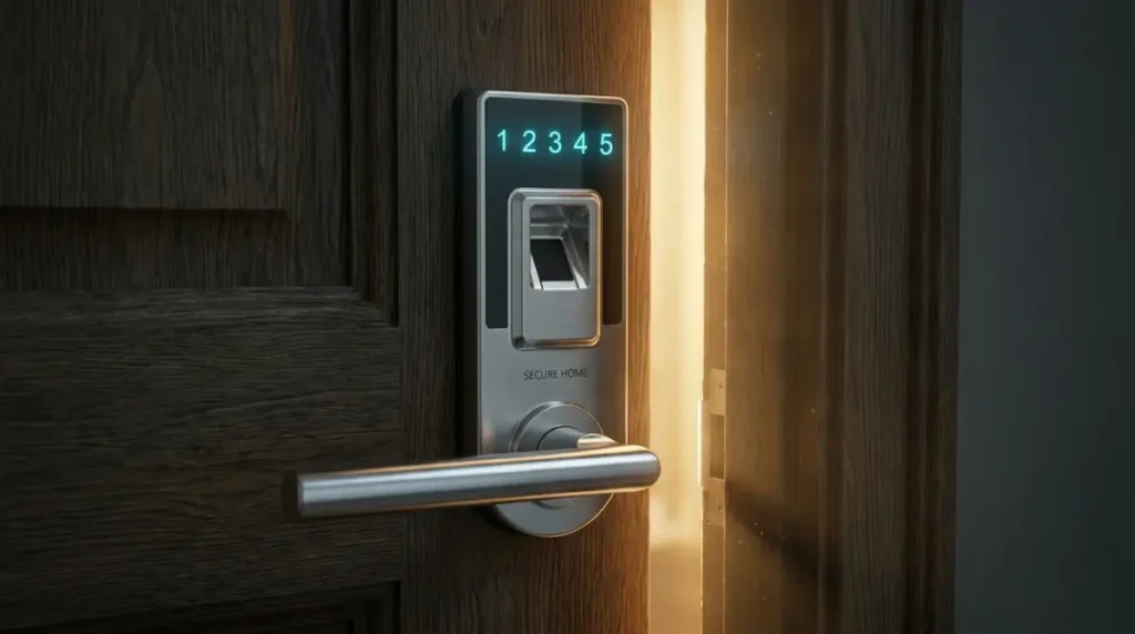 Fechadura digital com desbloqueio por biometria e senha instalada em porta residencial em Limeira SP