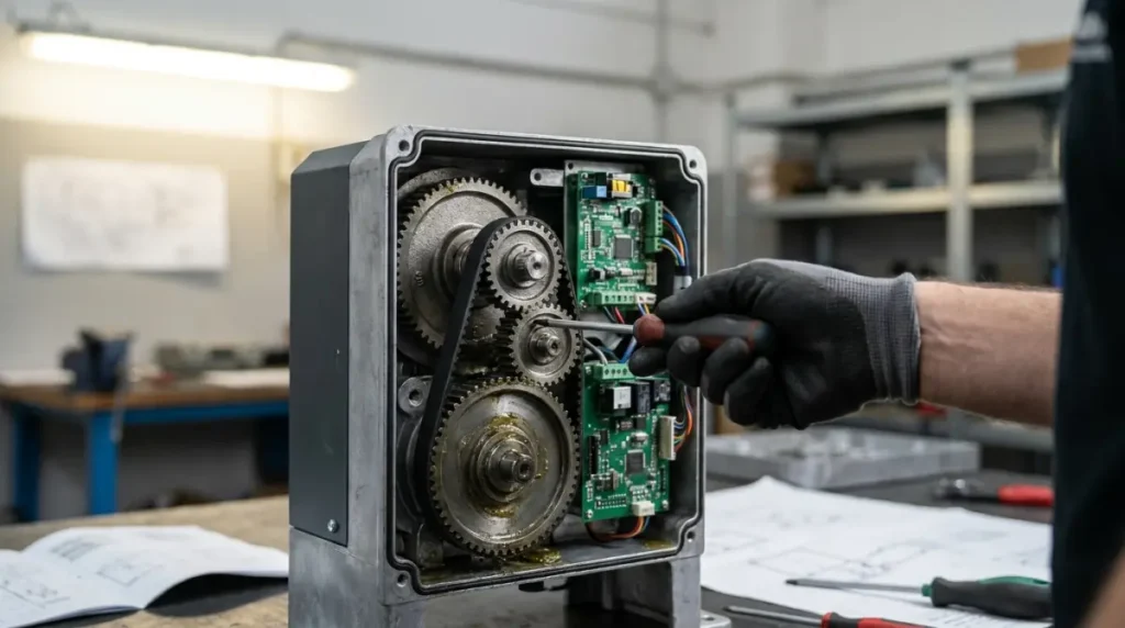 Técnico realizando manutenção preventiva em motor de portão eletrônico em Limeira SP
